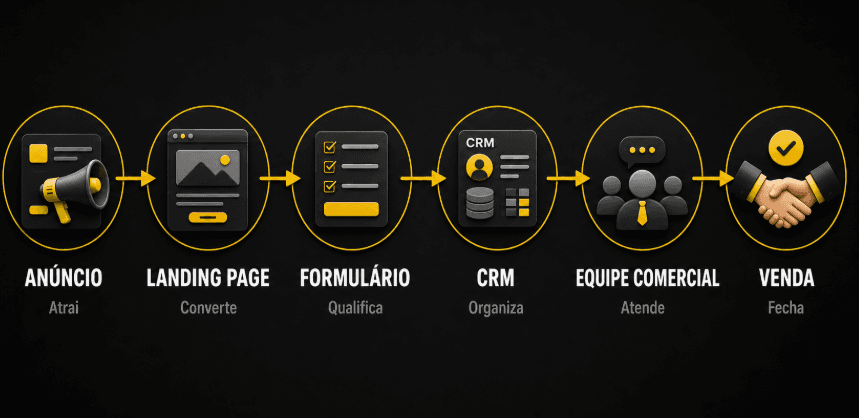 Fluxo de geração de leads B2B: anúncio, landing page, formulário, CRM, equipe comercial e venda
