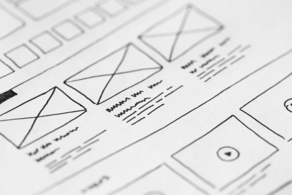 Esboço de layout de página desenhado à mão em papel