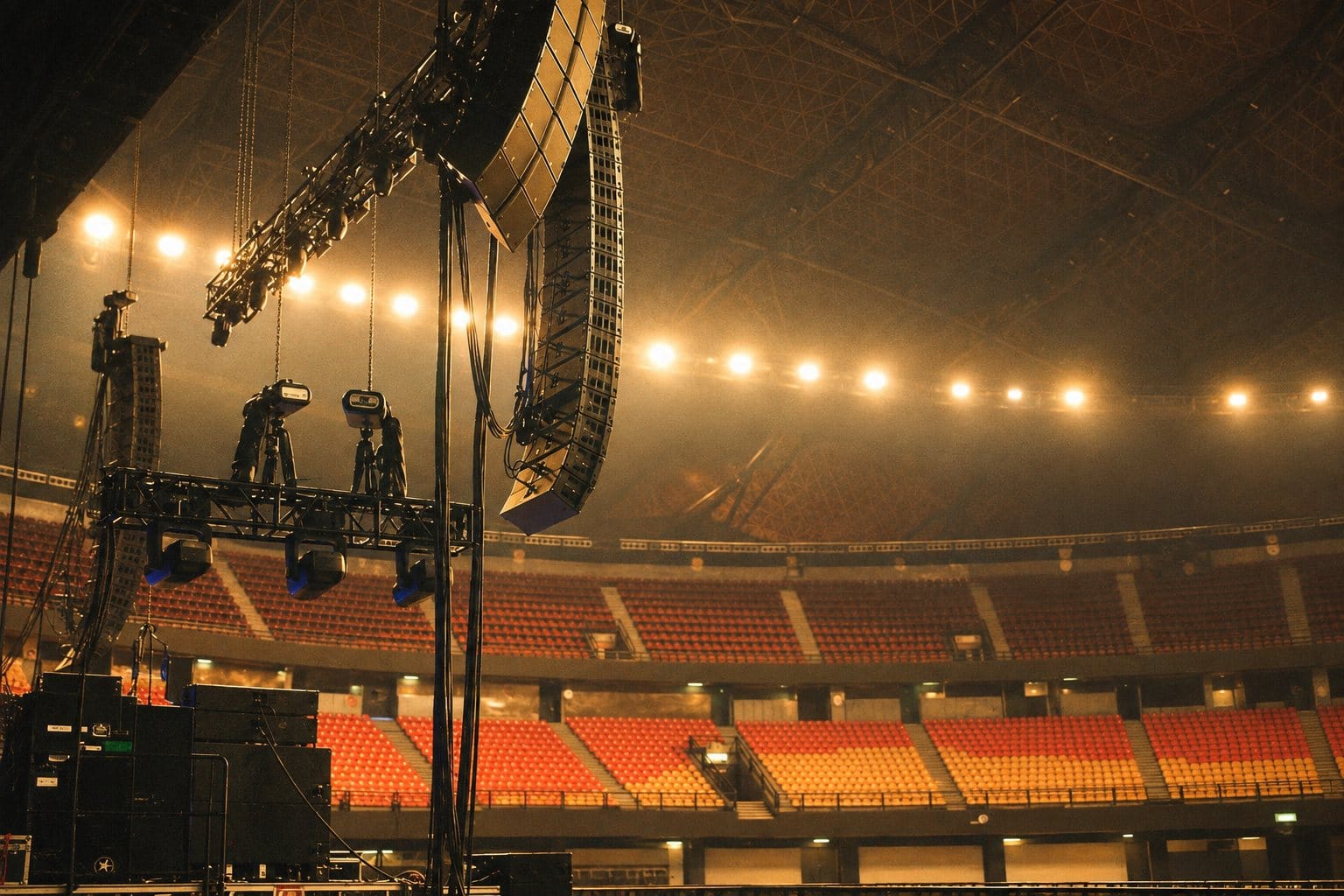 Luzes e palco em ambiente de eventos, sem pessoas ou identificação do cliente